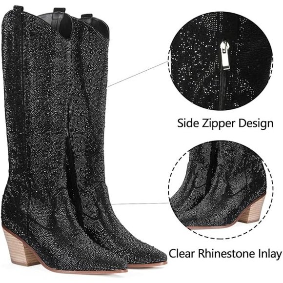 NWT Sparkling Bling Swarovski Crystal PINK Women Knee High Cowboy Boots … - Picture 9 of 11